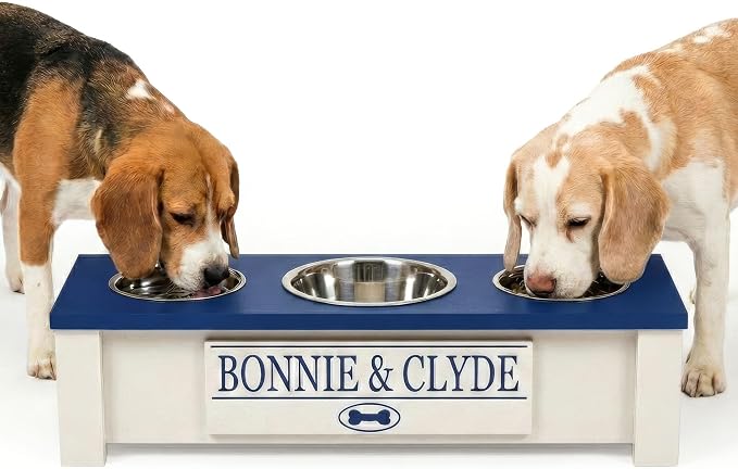 3 Bowl Dog Feeding Station, Personalized Triple Bowl Food Stand Small Dogs | Farmhouse Style, Elevated Wood Stand, Storage Container, Stainless Steel Bowls, Raised Feeder, Small Breed, Made in USA