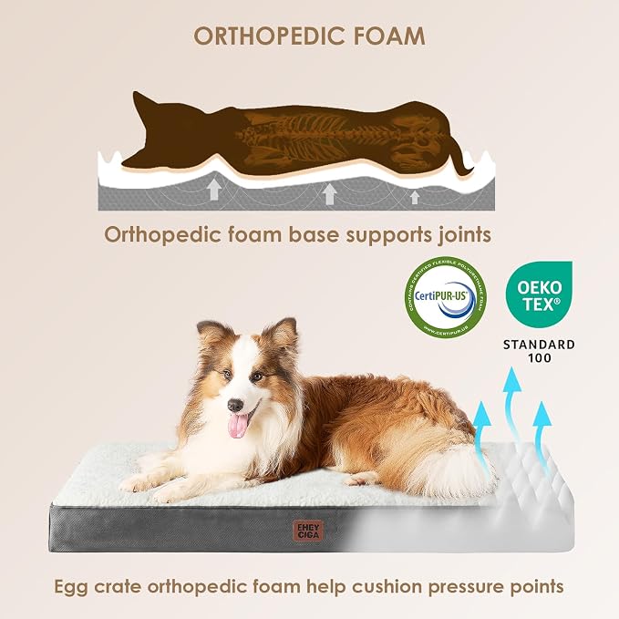 EHEYCIGA Orthopedic Dog Bed Large with Removable Washable Cover, 35IN Beige | Egg Crate Foam Support, Durable Oxford fabric, Non-Slip Bottom, Machine Washable, Soft Waterproof Plush Pet Bed Mat For Crate