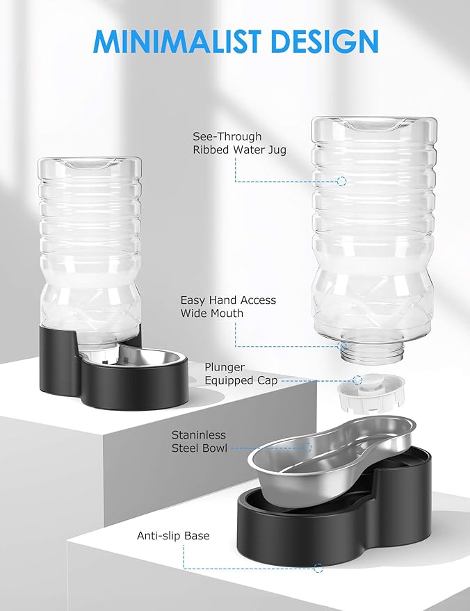 Heouvo 2.1 Gallon Automatic Dog Water Dispenser (8L-Black) | Wide Mouth, Easy Clean/ Removable Stainless Steel Bowl/ Gravity Refilling, Large Capacity for Cats and Dogs, Multi-Pet Homes