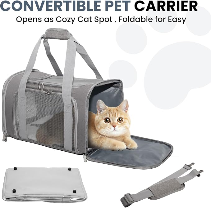 Soft-Sided Cat Carrier Expandable Pet Carrier Airline Approved Mesh Travel Carrier Up to 22lbs for Cats Small Dogs Collapsible Escape-Proof with Shoulder Strap Washable (20x13x13 Gray)
