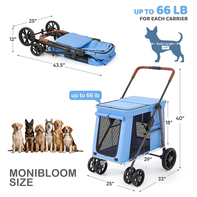 MoNiBloom Pet Stroller for Medium to Large Dogs up to 66lb, Blue