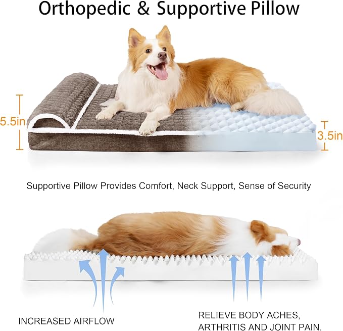 Orthopedic Large Dog Bed Pillow Pet Sofa Bed 48''X30'' Taupe | Egg-Crate Foam Pet Couch Large Sized Dog, Waterproof Removable Washable Cover,Furry Puppy Crate Mat With Nonskid Bottom