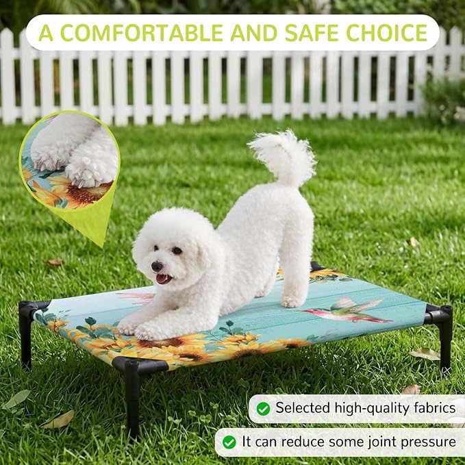 Outdoor Elevated Dog Bed for Large Dogs, Sunflowers Breathable Cooling Raised Dog Cot for Indoor/Outdoor, Spring Botanical Flowers Birds Turquoise Wooden Waterproof Elevated Pet Beds, L 28 x 22 in