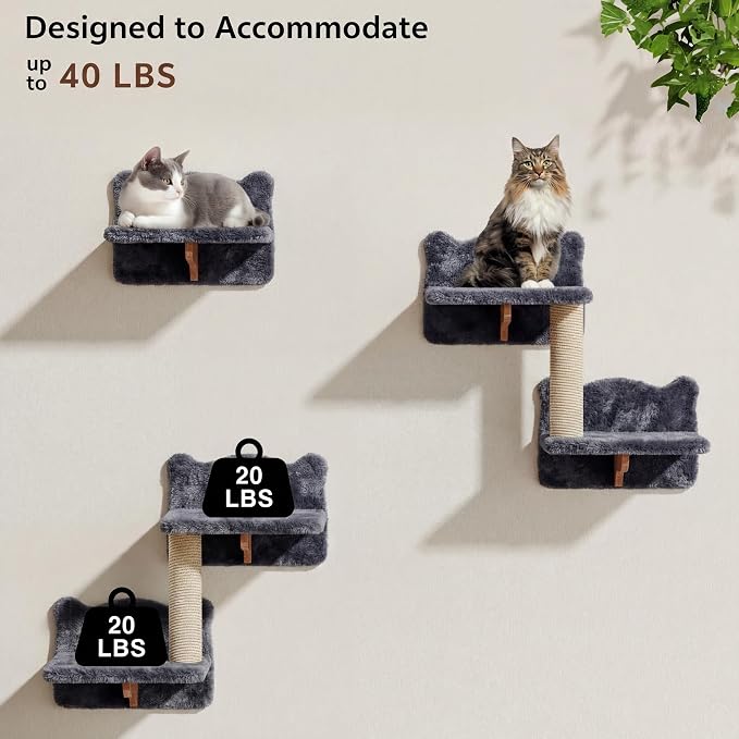 Cat Wall Furniture, 13 in 1 Moon & Bridge Cat Wall Shelves, Grey | Wall Mounted Cats Shelf Set with Plush Fabric, Cat Climbing Systems for 16 Inch Drywall, Condo, Scratching Post, Space-Saving