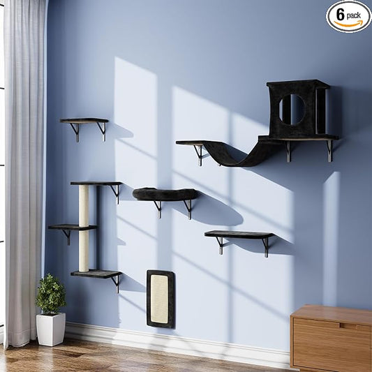 6-in-1 Cat Wall Shelves, Wall Mounted Cat Climber with Condo House, Scratching Post, Bridge Ladder, Space-Saving Indoor Play Furniture for Kittens, Black