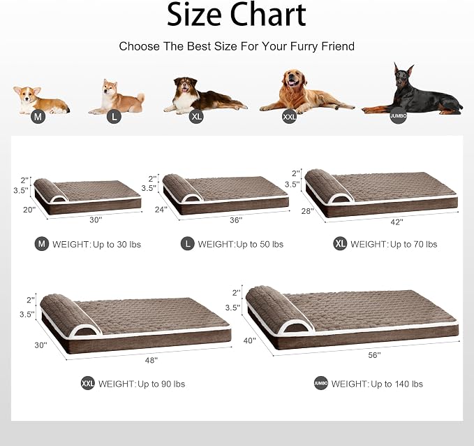 Orthopedic Large Dog Bed Pillow Pet Sofa Bed 48''X30'' Taupe | Egg-Crate Foam Pet Couch Large Sized Dog, Waterproof Removable Washable Cover,Furry Puppy Crate Mat With Nonskid Bottom