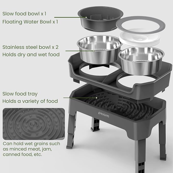 4-in-1 Elevated Slow Feeder Dog Bowls, 4 Height Adjustable Mess Proof Raised Dog Bowl Stand with No Spill Dog Water Bowl, Stainless Steel Dog Food Bowl & Slow Feeder for Large Medium Small Dogs Pets