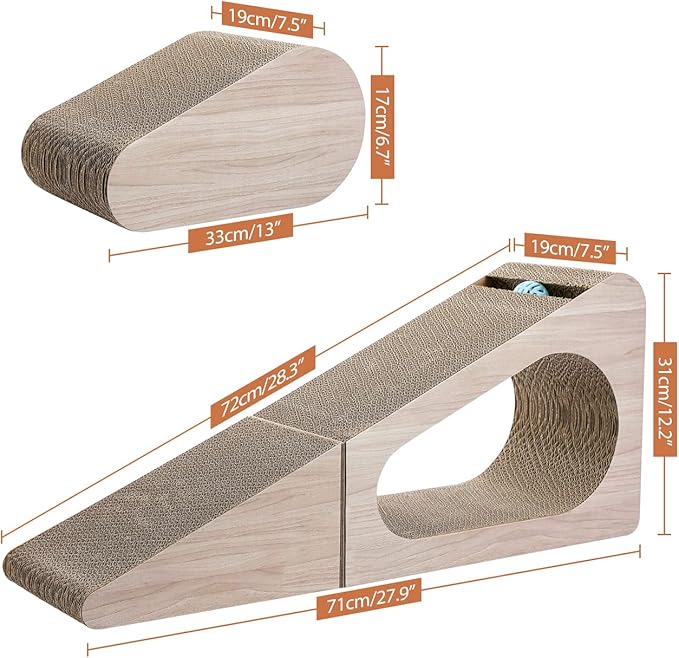 PAWZ Road 28.3" Cardboard Cat Scratcher Triangle 2 in 1 Cat Scratching Ramp | Incline Cat Scratching Pad,Cardboard Scratching Post Double as Cat Tunnel Scratcher with Interactive Toy Balls for Indoor Cat