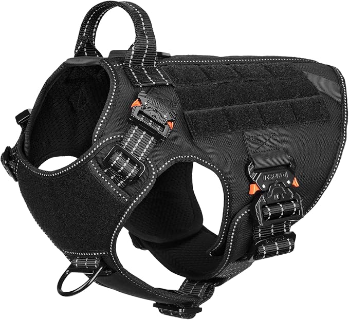 ICEFANG Tactical Dog Harness for Medium Dogs,Full Metal Buckles Dog Vest | with MOLLE, Reflective,Adjustable,2 Leash Clips,Control Handle,No Pull,Soft Padded,Black,Medium