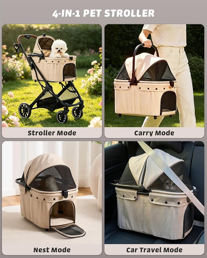 797Audio Dog Cat Stroller for Small Medium Pets,3-in-1 Foldable Pet Stroller with Detachable Carrier,Car Seat,One Click Folding,All-Terrain 4 Wheels,Adjustable Canopy with Sun Shades,Max 121lbs(Beige)