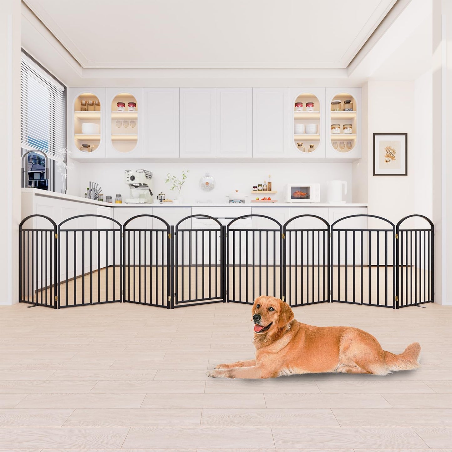 8 Panles Full Matel Freestanding Dog Gates with Door, 192"Extra Wide 32"Tall Free Standing Dog Pet Gate for Indoor & Outdoor. Foldable Pet Fences for Doorways, House, Stairs, Porch, Deck, Yard
