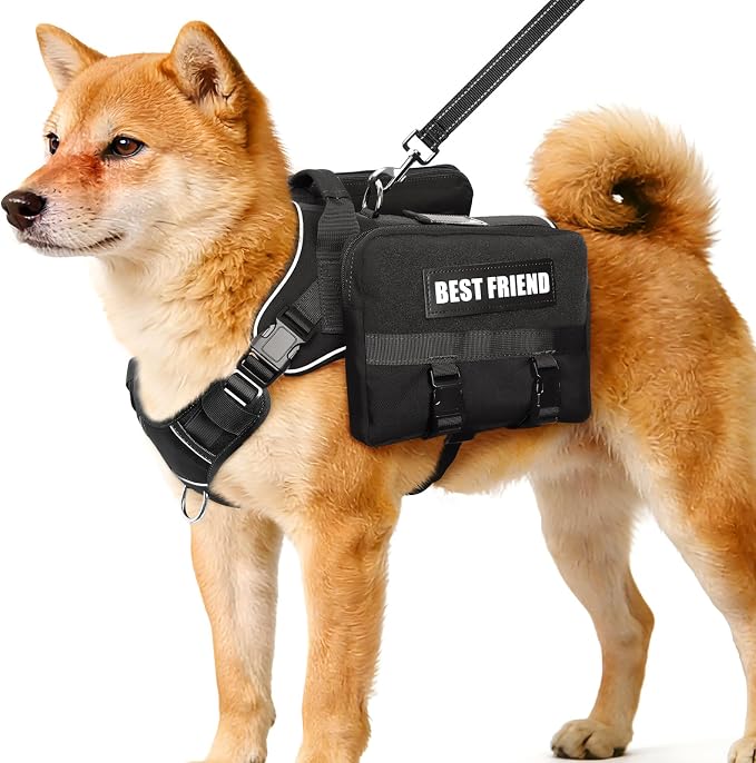 Dog Backpack Harness and Leash Set for Medium Sized Dog Black M | Removable Side Pockets Dog Vest with Padded Handle&MOLLE,No Pull Front&Back Metal Clips for Hiking Training Walking Hunting