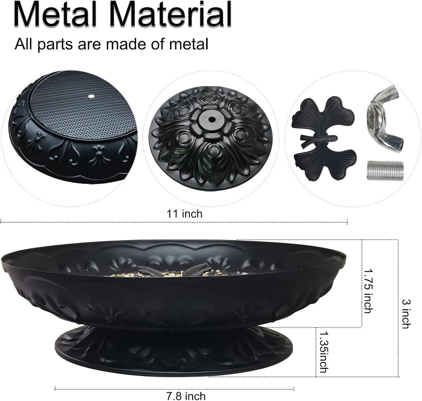 Ground Platform Bird Feeder Tray,11” Metal Large Standing Bird Feeder Mesh Seed Tray，for Outdoor Garden (Black-1 Pack)