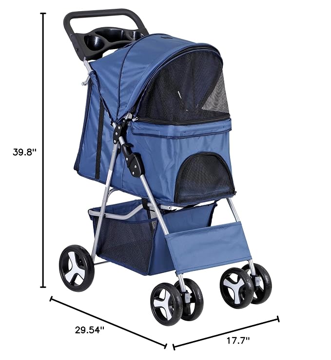 Pet Stroller for Medium Small Dogs - Easy to Walk Folding Travel Carrier Strolling Cart with Cup Holder, Weather Cover and Storage Basket (Navy Blue)