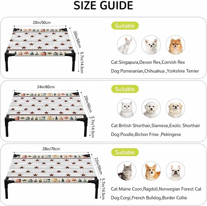 Outdoor Elevated Dog Bed for Large Dogs, Farmhouse Star Wooden Breathable Cooling Raised Dog Cot for Indoor/Outdoor, Trees Grey Wooden Waterproof Elevated Pet Beds, L 28 x 22 in