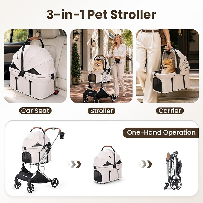 T3 Pro Small Dog Stroller (Beige) | Detachable Carrier, Aluminum Alloy Frame, Easy Assembly, Easy to Store, Larger Rear Wheel, Large Storage Basket