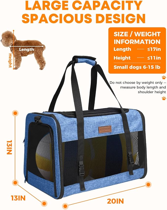 Foldable Cat Dog Carrier for Pets up to 15 Lb, Blue | Top & Side Entry, Soft-Sided Pet Carrier with Ventilated Anti-Scratch Mesh & Car Seat Buckle for Car Travel, 20×13×13 in