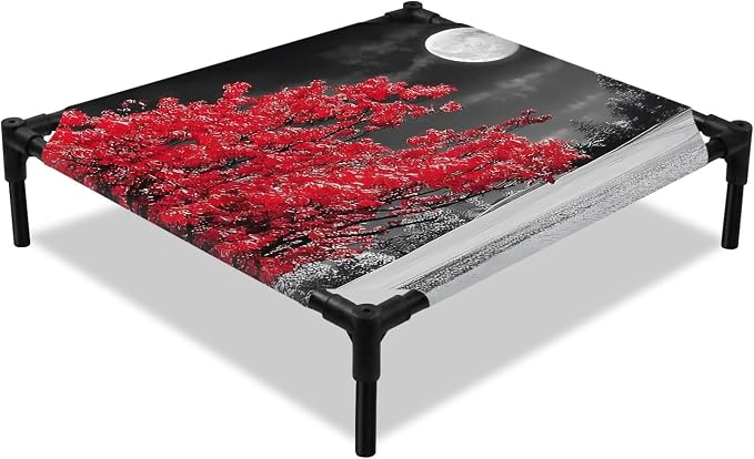 Outdoor Elevated Dog Bed for Small Dogs, Vibrant Red Tree Breathable Cooling Raised Dog Cot for Indoor/Outdoor, Glowing Moon Black Sky Waterproof Elevated Pet Beds, S 20 x 20 in