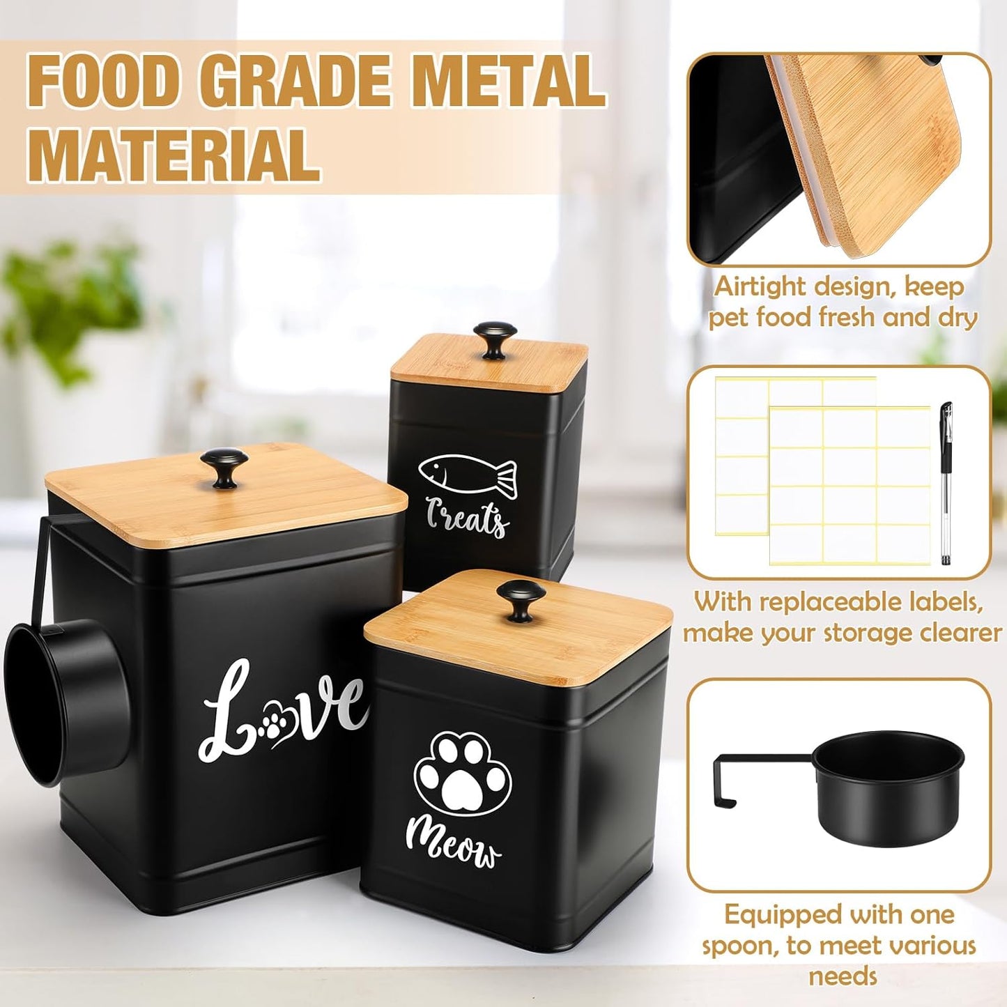 Metal Airtight Cat Food Containers Set of 3 with Bamboo Lids and Spoon 7+3+2 Lbs Cat Treat Storage Container Countertop with DIY Labels Pet Cookie Organizer Jars for Kitchen Counter(Black)