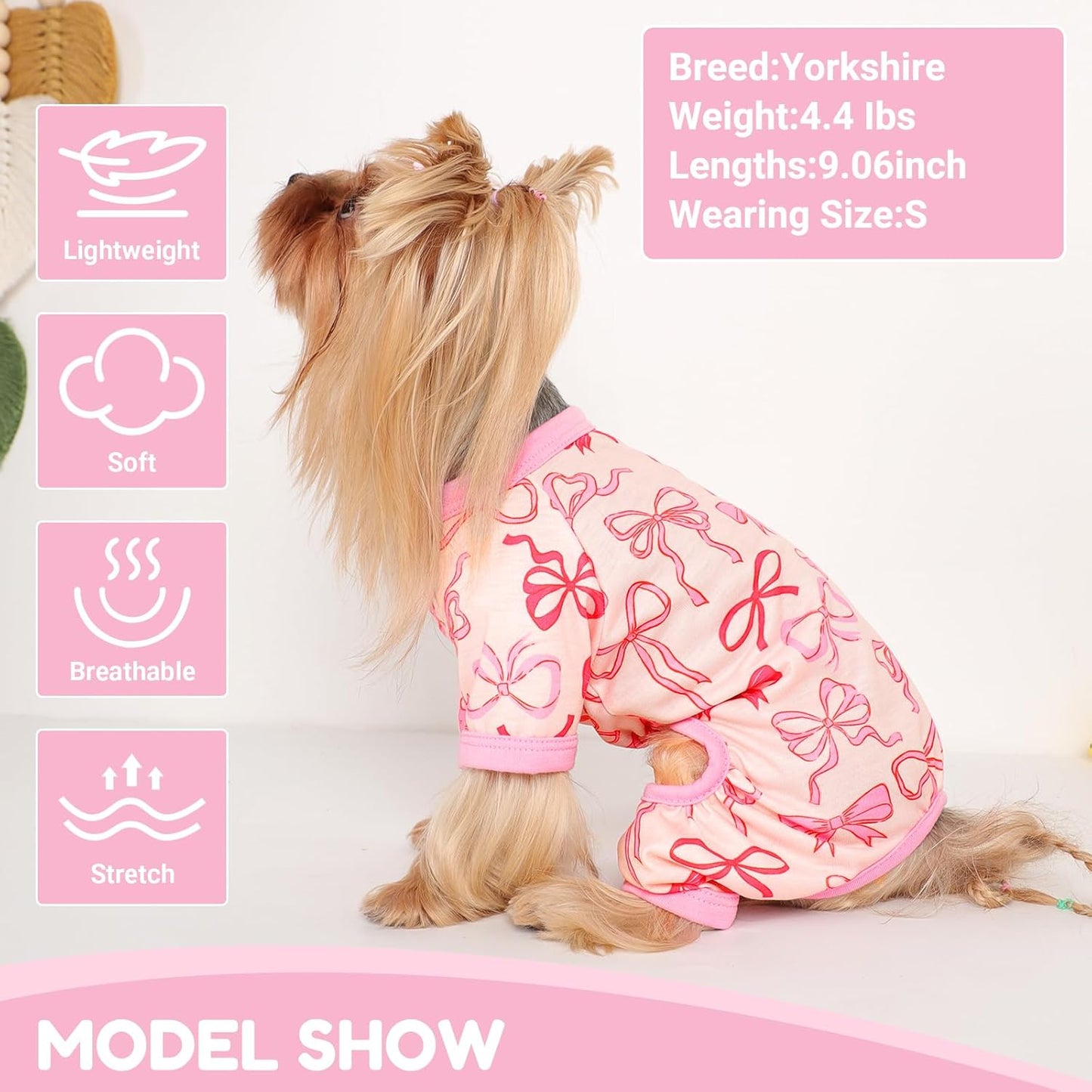 Dog Pajamas Small Sized Dogs Stretchable Summer Dog Clothes Pjs 4 Legs Girl Boy Cute Soft Puppy Outfits Doggie Cat Jammies Jumpsuit Sleeper for Pet (Bow Tie, Medium)