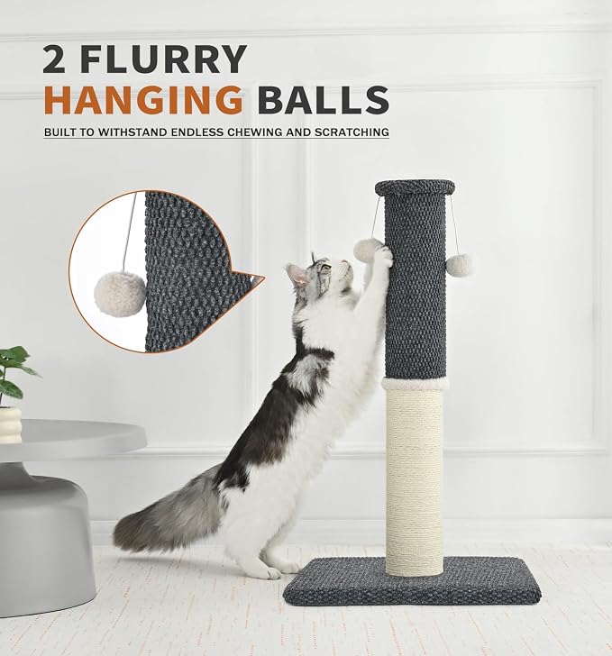 Made4Pets Tall Cat Scratching Post with Sisal & Carpet for Indoor Cats, 33" | Cat Scratcher with Wide Stable Base, Interactive Hanging Toys, Ideal for Adult Cats, Large Breeds and Full-Body Stretching