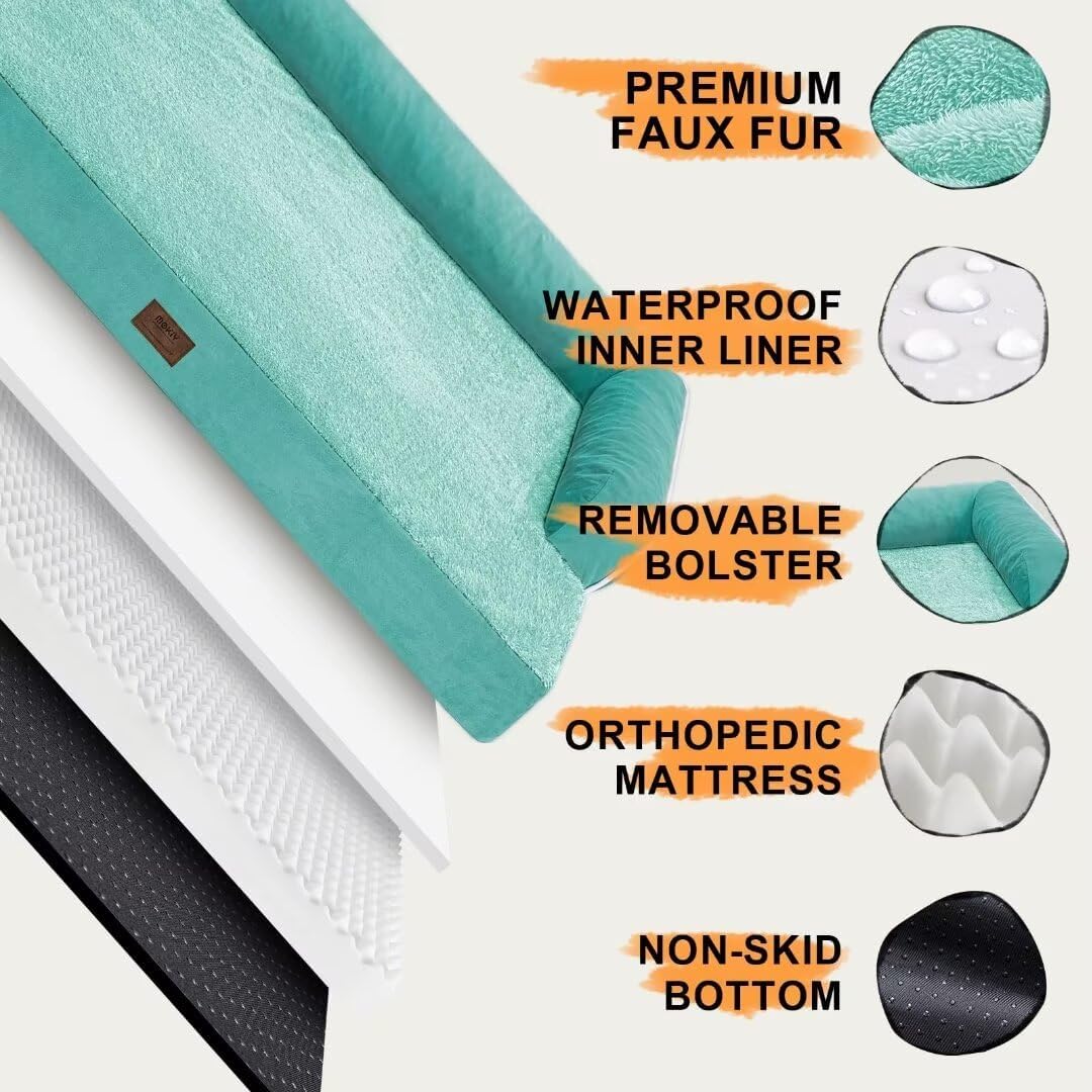 Orthopedic Large Dog Bed Washable, Orthopedic Dogs Bed with Removable Cover, XLarge XL Pet with Bolster, Washable Aqua Blue Large Dog Beds with Egg Foam for Medium Gaint Dogs