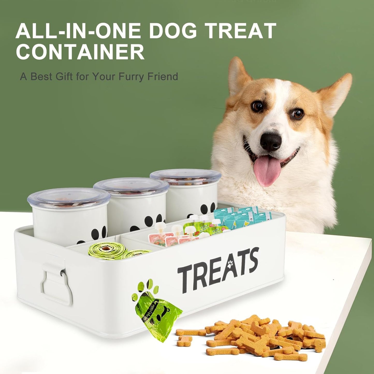 28oz Metal Dog Treat Container Set of 3,Dog Treat Jars with Airtight Lids,Cat Treat Jar,Dog Treat Canister for Countertop,Coated Galvanized Steel Dog Treats Station-White