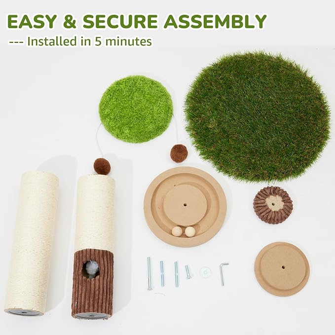 Woochpet Cat Scratching Post 34 Inch Tall Heavy Duty Sisal Scratcher with Interactive Track Mouse Toy Condo Top Jingle Balls for Indoor Kittens,Green