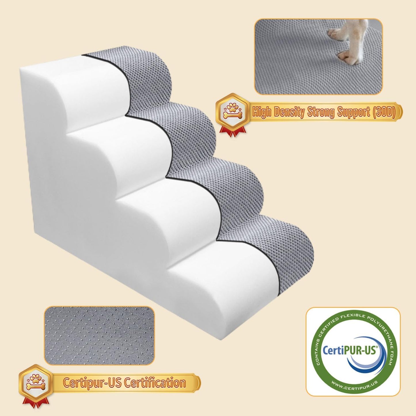 PAWSCART Dog Stairs for Small Dogs and Cats, 4-Step Dog Steps for Bed, 19.6" H Pet Stairs for High Bed, Pet Ramp for Couch, Sofa, Non-Slip Surface Removable Washable Cover, LightGrey