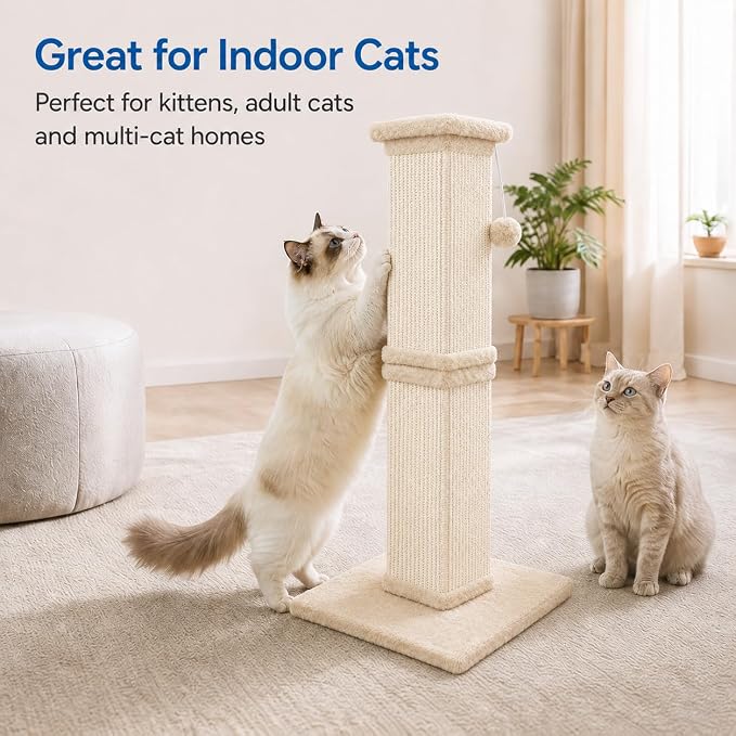 Vertical Cat Scratching Post for Indoor Cats, Sisal Scratch Tower with Soft Plush Base & Dangling Pom Ball, 32'' Tall Cat Scratcher Column for Kittens and Adult Cats, Furniture Protection, Beige