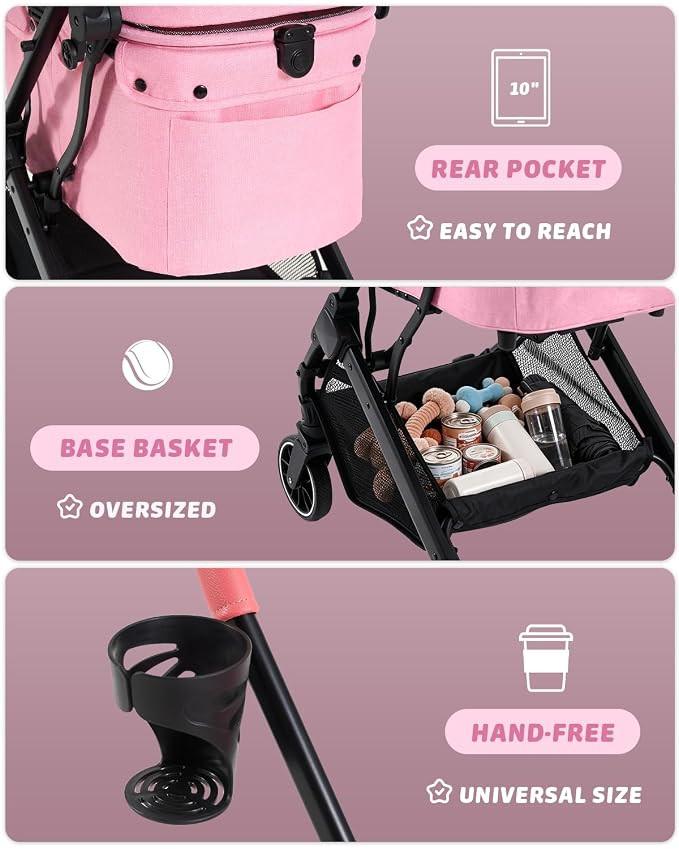 797Audio Dog Cat Stroller for Small Medium Pets,3-in-1 Foldable Pet Stroller with Detachable Carrier,Car Seat,One Click Folding,All-Terrain 4 Wheels,Adjustable Canopy with Sun Shades,Max 121lbs(Pink)