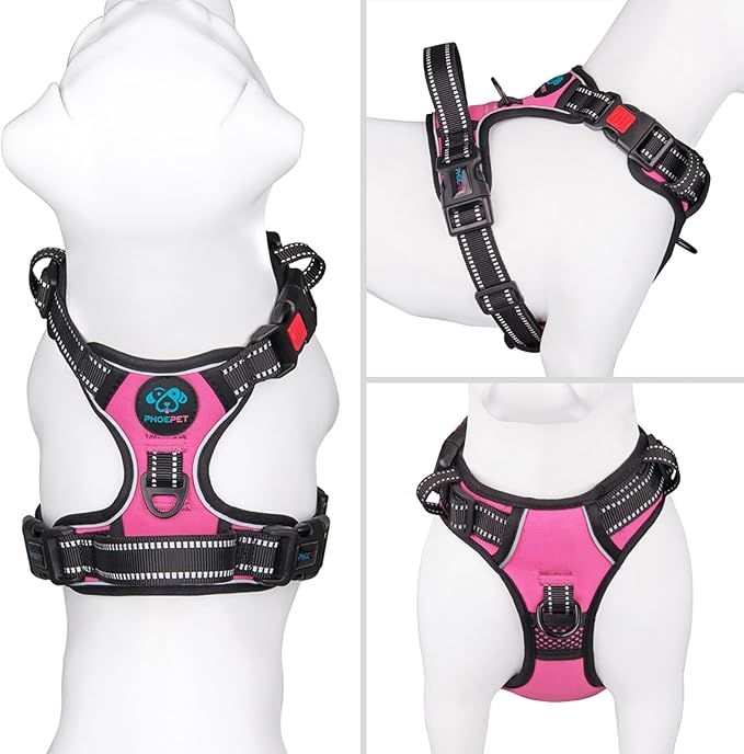 No Pull Dog Harness Medium Reflective Front Clip Vest with Handle | Adjustable 2 Metal Rings 3 Buckles,[Easy to Put on & Take Off](M, Pink)