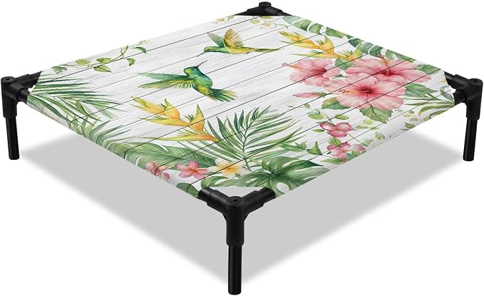 Outdoor Elevated Dog Bed for Small Dogs, Summer Hummingbirds Breathable Cooling Raised Dog Cot for Indoor/Outdoor, Farmhouse Floral Palm Leaves Wooden Waterproof Elevated Pet Beds, S 20 x 20 in