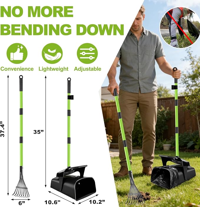 Pooper Scooper Swivel Bin & Rake with 50 Waste Bags, 38" Long Adjustable Handle Dog Poop Scooper for Yard Large Medium Small Dog, Easy to Clean Pet Waste Use on Grass, Dirt, Concrete or Gravel