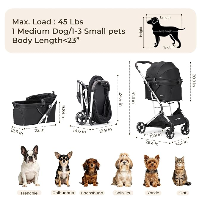 T4 Pet Stroller for Small Medium Dogs, Cat Strollers for 2 Cats, 4 Wheels Folding Pet Stroller for Cats with Pad, Canopy and Cup Holder, Black