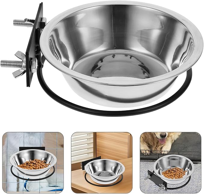 SHINEOFI Elevated Wall Mounted Dog Bowl Set, Large Deep Stainless Steel Raised Food and Water Bowls Black Hanging Rack for Outdoor and Indoor Puppy Feeding Station
