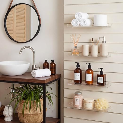Yalikop 4 Pcs Slatwall Shelves Clear Acrylic Slatwall Shelves Organizer Wall Mounted Hanging Accessories Plastic Panel Display Shelf for Retail Store Boutique Garage Home(Fenced Style,14 x 6 Inch)