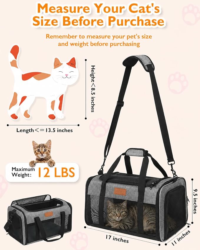 PETUX Airline Approved Pet Carrier for Small Cats up to 12 lb, 17x11x9.5 in | Underseat, Top & Side Entry, TSA‑Friendly, Soft Sided Cat Carrier with Breathable Anti-Scratch Mesh for Travel & Vet, Grey
