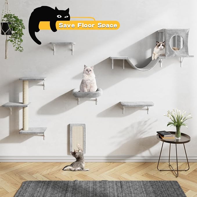 12-in-1 Cat Wall Shelves, Luxury Wall-Mounted Cat Climber Set with Condos House, Scratching Post, Bridge Ladder, Indoor Space-Saving Furniture for Kittens，Gray