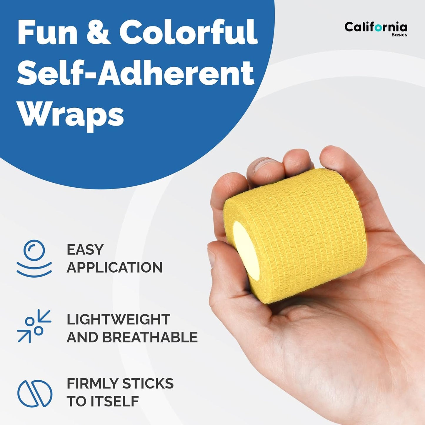 California Basics Self-Adhesive Medical Tape (2 inch) - Pack of 12 - Cohesive Bandage Wrap Rolls - Waterproof Athletic Tape - Self Adhesive Medical Adhesive Bandage Wrap - Vet Stretch Wrap