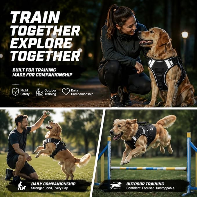 Tactical Dog Harness with Handles and Loop Panel,No Pull Tactical Dog Vest with Molle System, Adjustable Reflective Pet Vest for Walking Hiking Training Black L