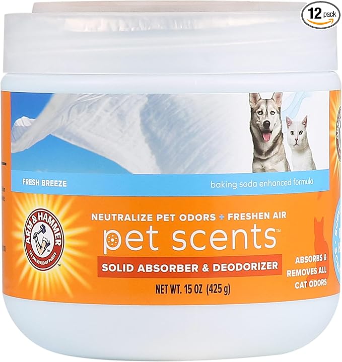 Arm & Hammer Pet Scents Gel Odor Eliminator,Solid Baking Soda Deodorizer for Pet Areas,Homes,Litter Boxes,and Rooms,Long-Lasting Odor Control,Fresh Breeze Scent,15 Oz,(Pack of 12)