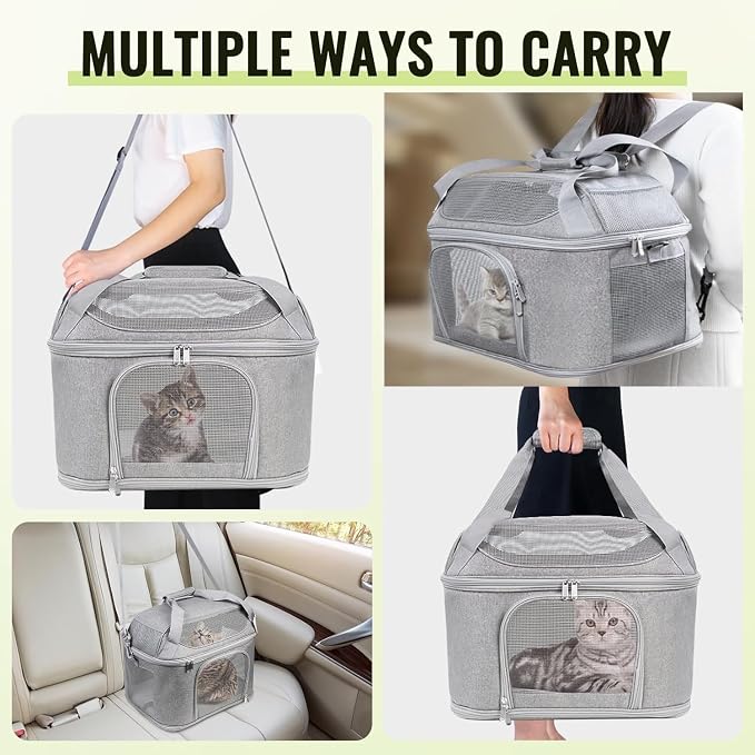 Top-Expandable Pet Carrier 17x11.8x13 Inches Underseat Up to 20lbs, Soft-Sided Carrier Travel Carriers with Padded Shoulder Strap for Small Cats and Dogs, Collapsible Waterproof Travel, Grey