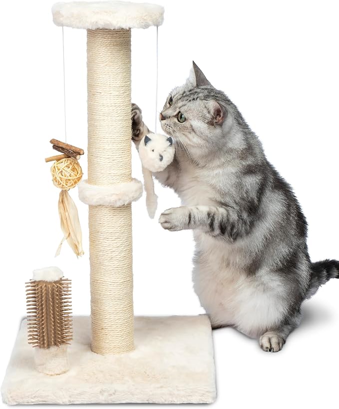 Best Pet Supplies Catify Cat Scratcher, Fun Interactive Scratchers, Posts, Poles, Claw Safe, Furniture Saver Indoor Play Support Natural Cat Behaviors Heavy Duty - Beige Scratching Post - H: 33"