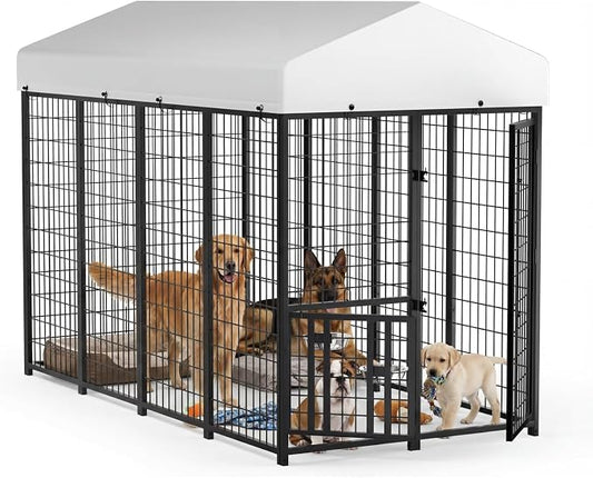 8 x 4 x 5.6 FT Outdoor Dog Kennel with Roof for Medium Large Dogs | Spacious Dog Run with Rotating Feeder, 2 Stainless Steel Bowls and Double Latch Gate