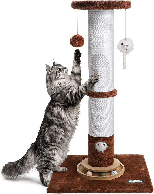 35-Inch Tall Cat Scratching Post, Stable Base for Large Cats, Brown | Heavy-Duty, Soft Natural Cotton Rope Cat Scratcher, Interactive Cat Toys, Wooden Ball Track, for Kittens and Indoor Cats