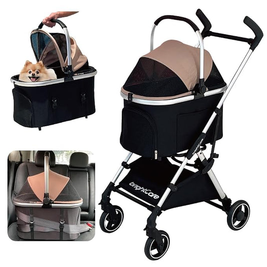 Small Pet Stroller for Dogs & Cats Under 20 lb with Detachable Carrier, Converts to Car Seat, Ultra-Lightweight only 11lb, One Hand Fold