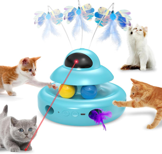 Cat Toys,4-in-1 Automatic Kitten Toy for Bored Indoor Adult Cats,lectric Flying Butterfly,Whack a Mole,Feather Track Balls,Blue