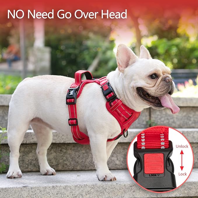 PoyPet No Pull Dog Harness, Reflective Vest with 2 Leash Clips & Handle | Lockable Neck Release Buckle, No Choke, Adjustable, Soft Padded, for Walking Training, Red Matching Trim, Large