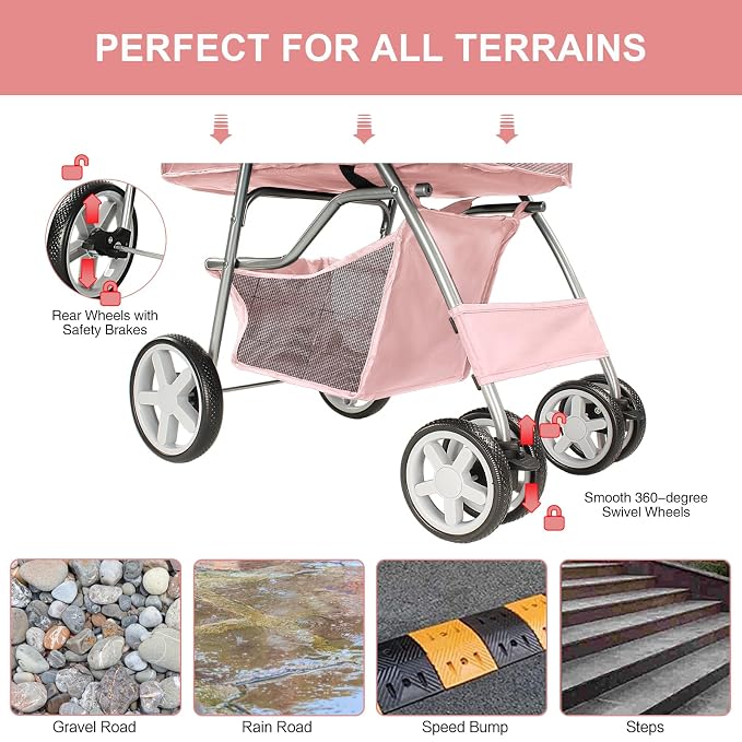 Pet Stroller for Small Dogs and CatsQuick-Folding Portable Travel Cat Dog Stroller with Storage Basket and Cup Holder, 4 Wheels, Light Pink